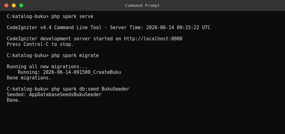 Terminal: menjalankan php spark serve, migrate, dan seeder