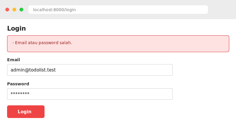 Form login dengan pesan error